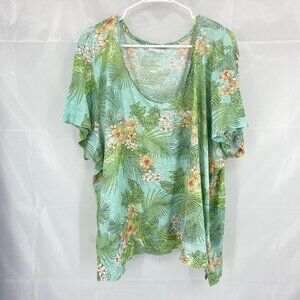 J Jill Women 4X Love Linen Shirt Floral Tropical Green Breathable Lightweight